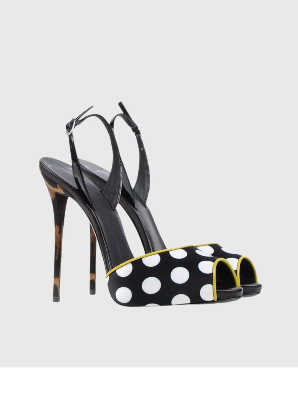 Black Polka Dot Peep-Toe Slingback Heels with Yellow Trim